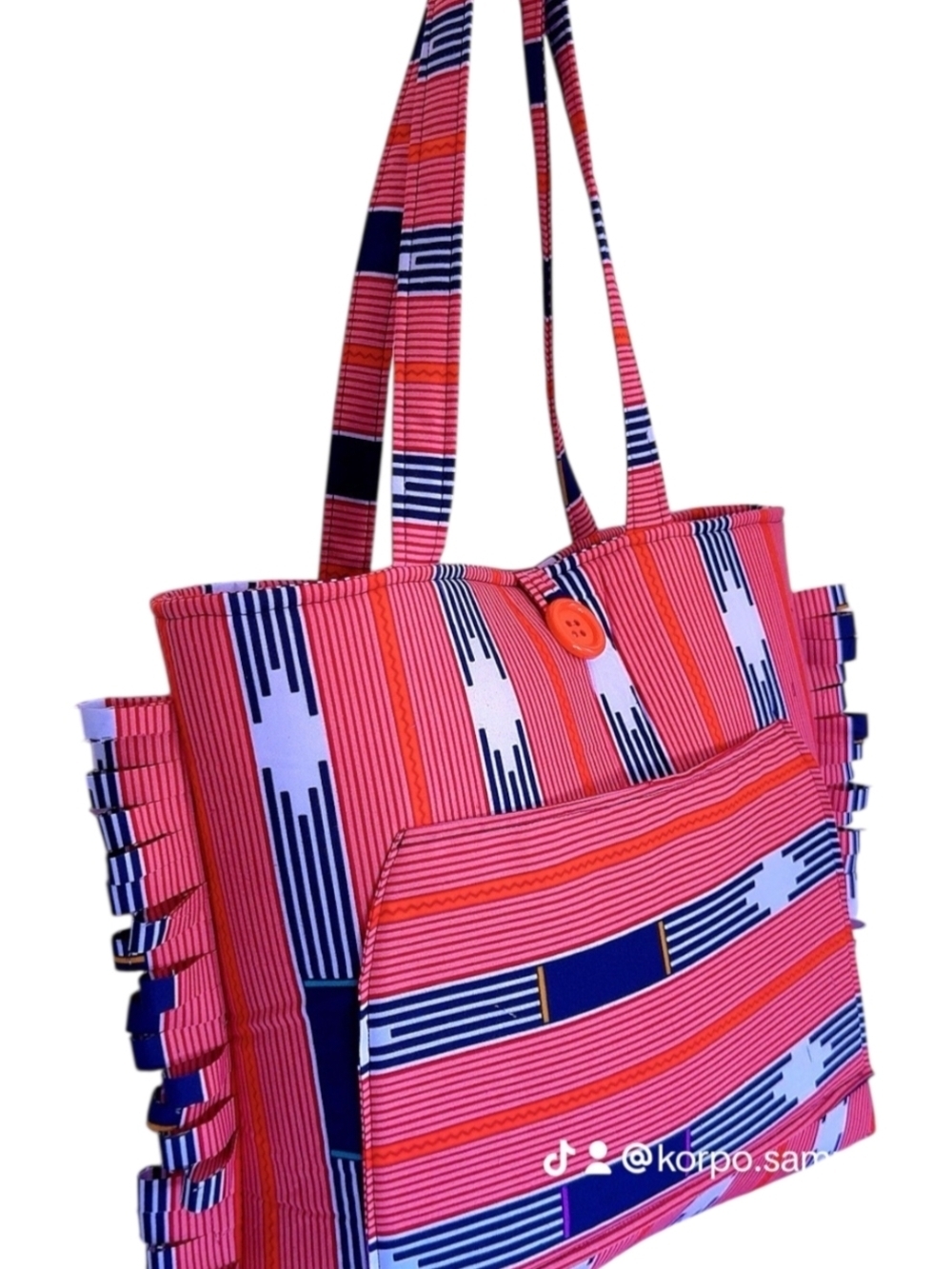Pink & Navy Striped Tote Bag with Front Pocket